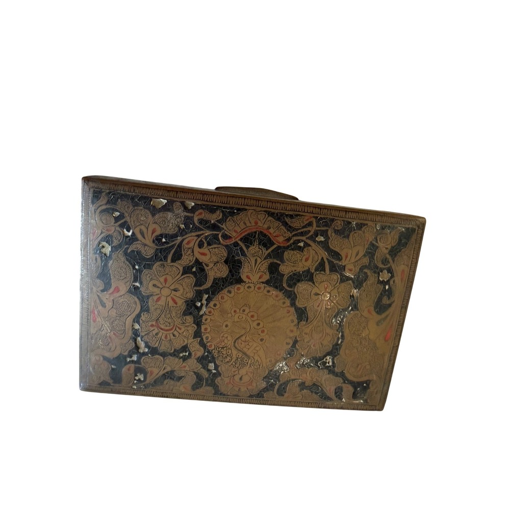 Vintage Brass Wood Jewelry Box Etched Peacock Floral Enamel Decorative Trinket